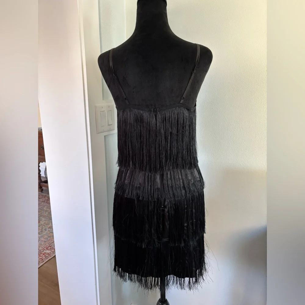 Black 20s flapper dress size XS fringe great gatsby style